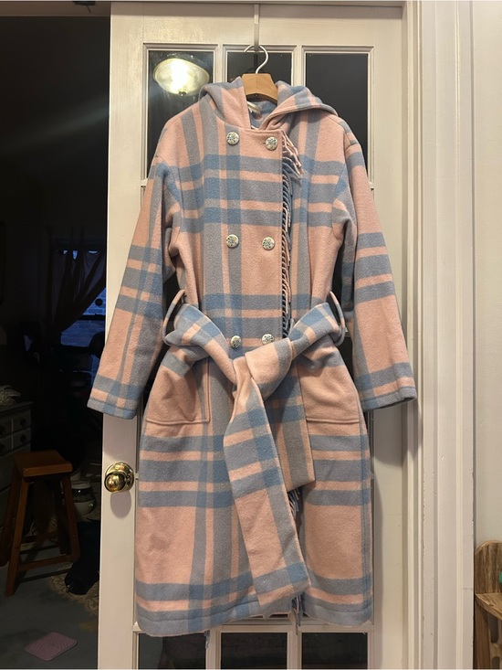 LoveShackFancy Jackets & Blazers - LoveShackFancy Pink and Blue Plaid Hooded Double-Breasted Pea Coat